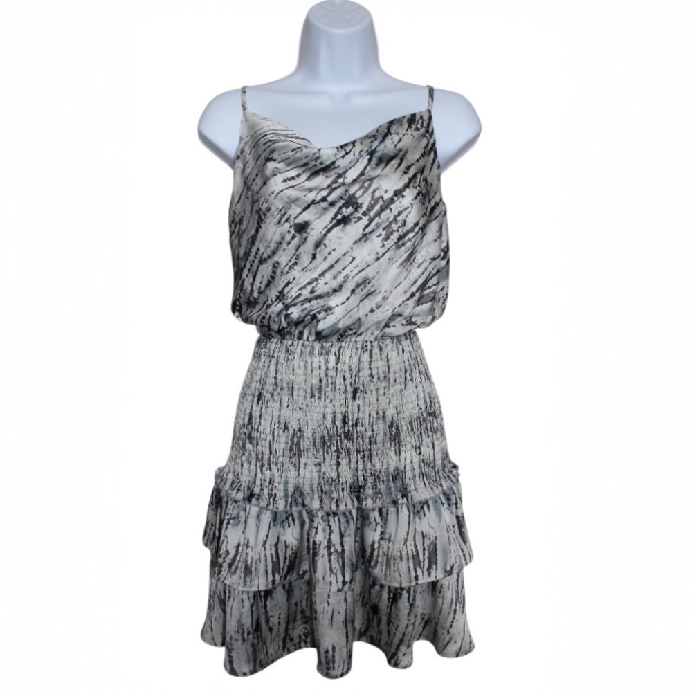 Glam (Grey/Blue) Abstract Print Cowl Neck Smocked Waist Ruffle Mini Dress Size M